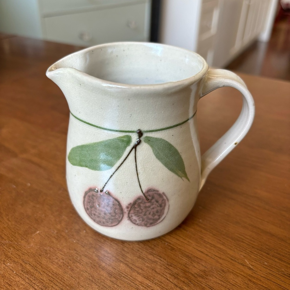 Handmade pottery with cherry decoration mini-pitcher/jug for syrup? cream? milk?